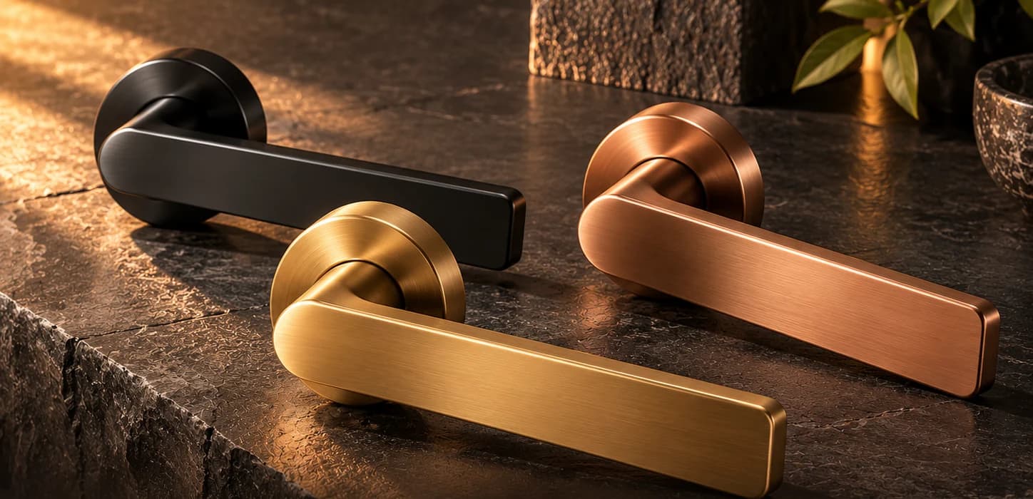 Three lever door handles in black, gold and rose gold on dark stone
