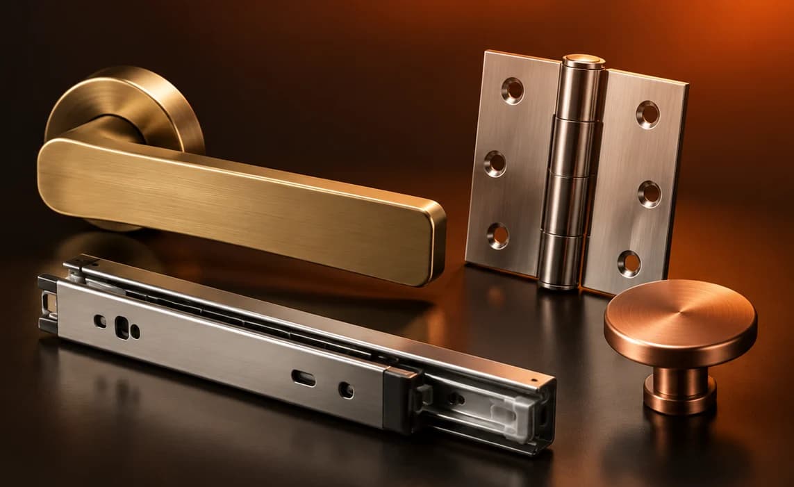 A lever handle, a butt hinge, a drawer slide and a cabinet knob